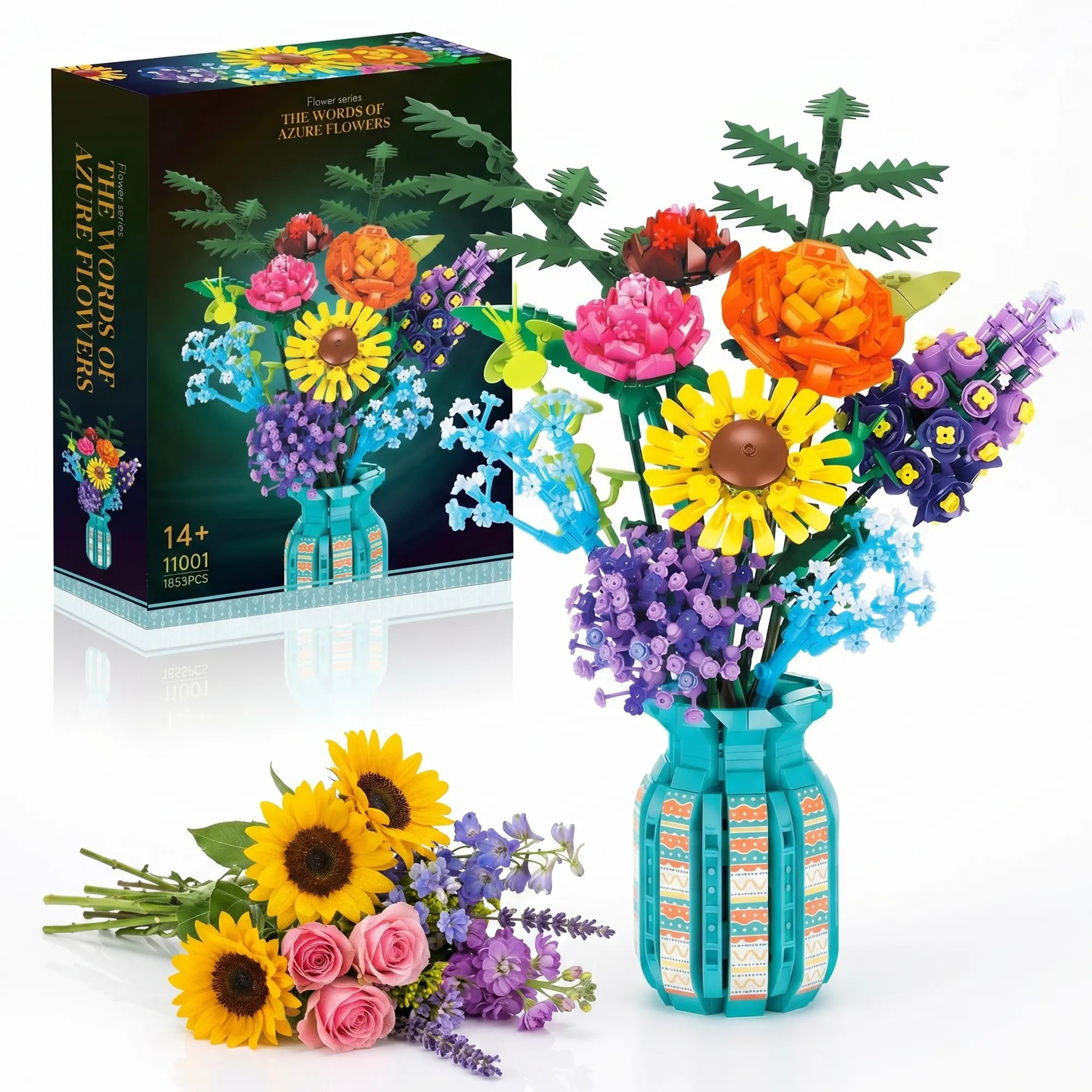 Buildable Blocks Wildflower Bouquet Kit - 1,853 Pieces, 14 Different Species, Adjustable Stems, Botanical Collection for 12 Years Above, Relaxing Creative DIY Toy, Birthday Gift for Flower Lovers, Vibrant Home-Office Decor