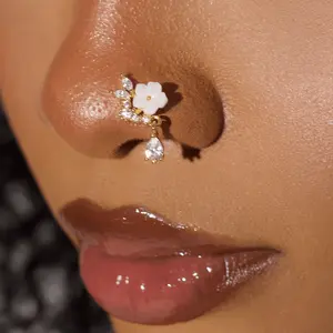 Dangle Diamond Flower Nose Stud in Surgical Steel 20 Gauge L-Shape 7mm x 4mm Hypoallergenic