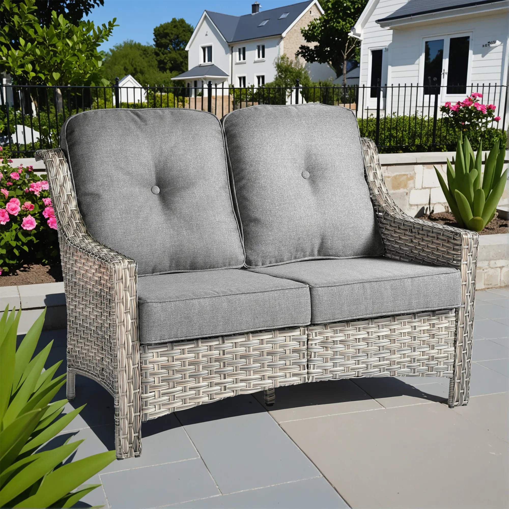 【Summerfinds】OVIOS 2-Piece Outdoor Patio Loveseat Set with Cushions, All-Weather Wicker Sofa Set for Backyard, Patio, Porch, Deck, Garden & Balcony