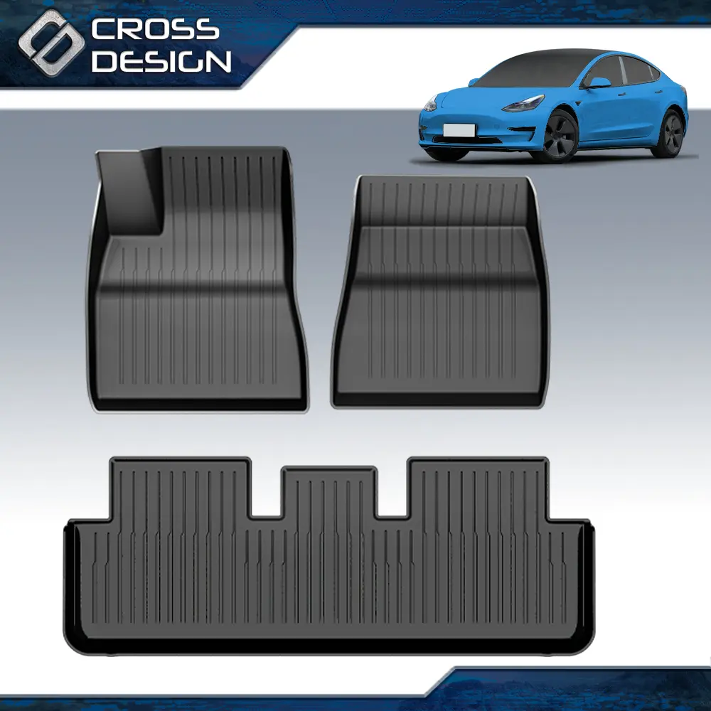 CROSSDESIGN High-Strength TPE Automotive Floor Mats - 3-Pc Black Car Interior Kit, Low-Maintenance, Easy-to-Clean, All-Weather, Anti-Slip, Waterproof for 2017-2025 Model 3 Front & 2nd Row, Crease-Recovery Car Accessories