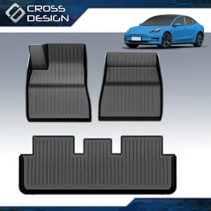 CROSSDESIGN TPE Floor Mats Fit For 2017-2025 Tesla Model 3 Cybertruck Front & 2nd Row, All Weather Liner Carpets Anti-Slip TPE Waterpoof ,3-pc Black Upgrade version
