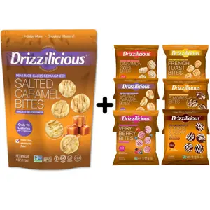 Mini Sized – 0.74 oz Bags – Drizzilicious Cookies & Cream, S’mores, Cinnamon Swirl, Salted Caramel, Birthday Cake & French Toast Bites + Single 4 oz Salted Caramel Bag – 6-Pack Snack-Size Single-Serve Rice Crisps, Healthy Gluten-Free Vegan Treats
