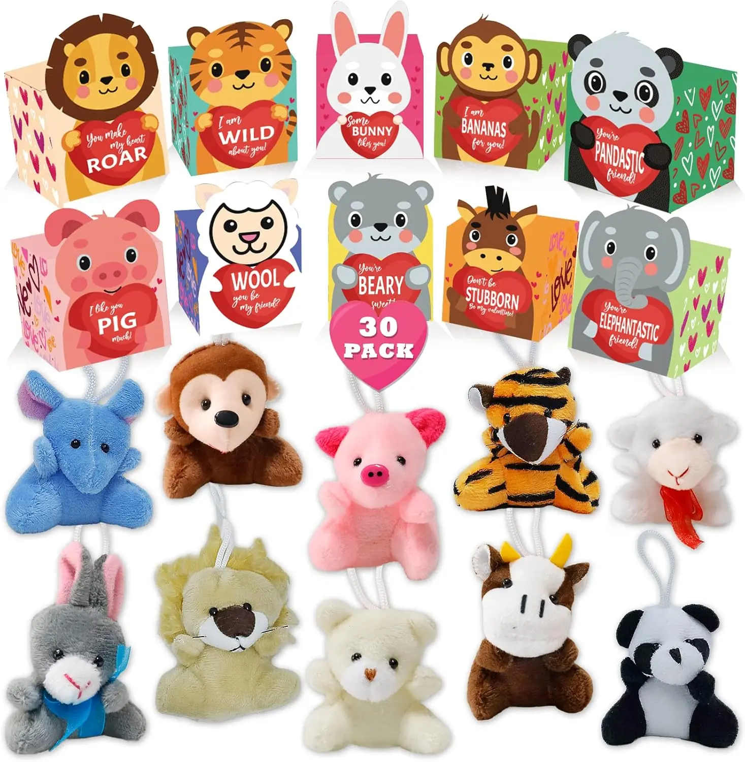ATFUNSHOP Valentines Day Gifts for Kids 30 Pack Animal Plush Toys with Gift Boxes |  Christmas Gift Card & Toys Stocking Fillers in Bulk Exchange for Girls Boys Class Classroom School