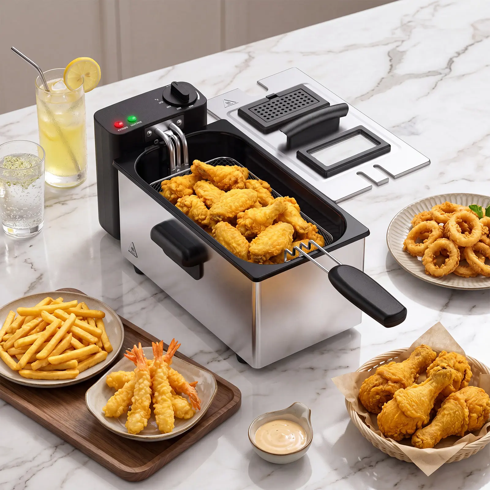 Deep Fryer for Home Use, Small Electric Fryer with 3 Liter Capacity, 1500W Power, 4 Adjustable Temp, Lid with Viewing Window for Fried Chicken, Shrimp, French Fries, Silver