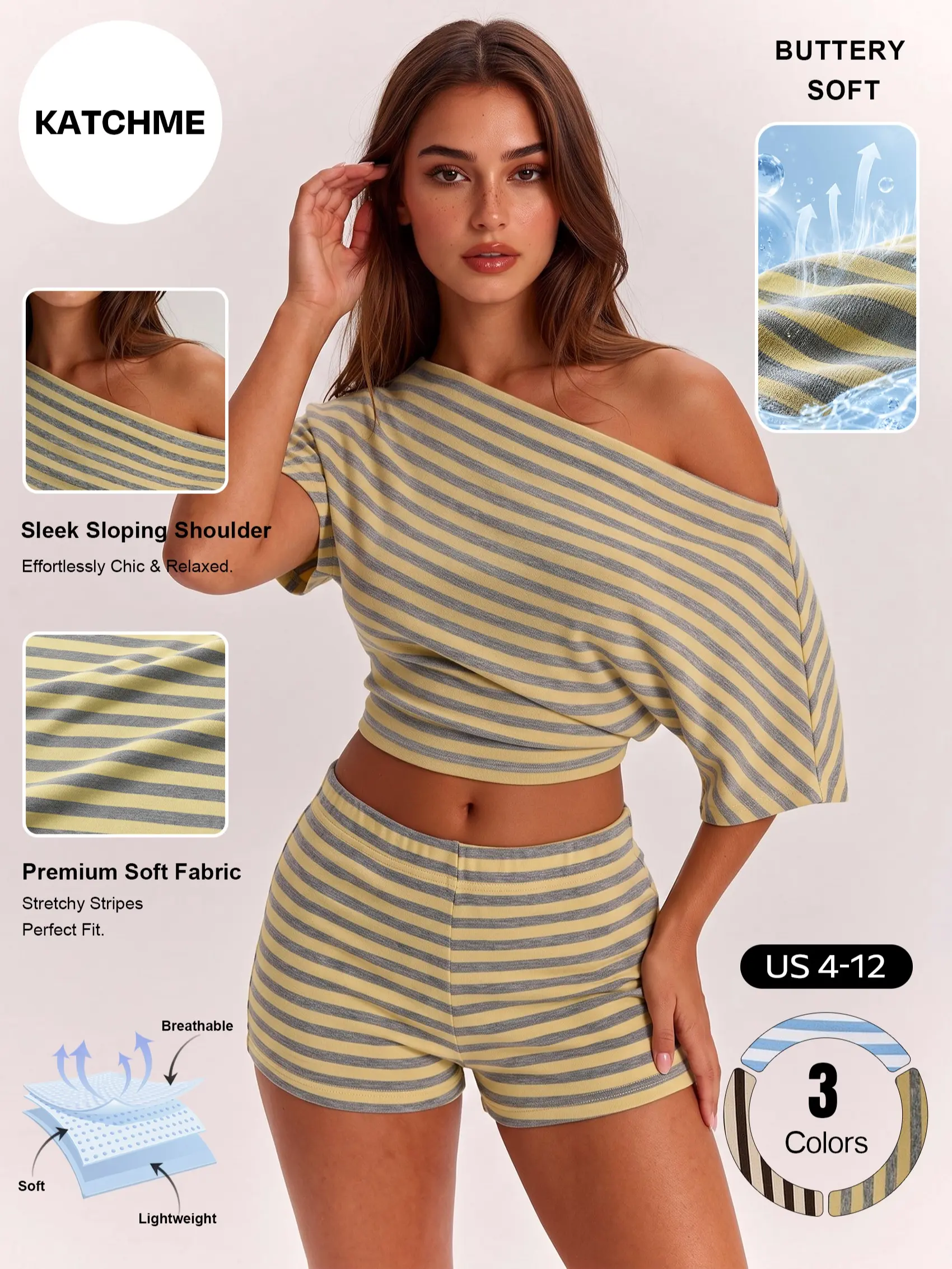Katch Me Chic Women's Striped Sloping Shoulder Crop Top & Hip-Lifting Shorts Co-ord, Breathable Moisture-Wicking, Figure Flattering 2-Piece Set, Soft Cinched Waist Daily Outfit #TikTokMadeMeBuyIt #SummerEssentials #MatchingSet