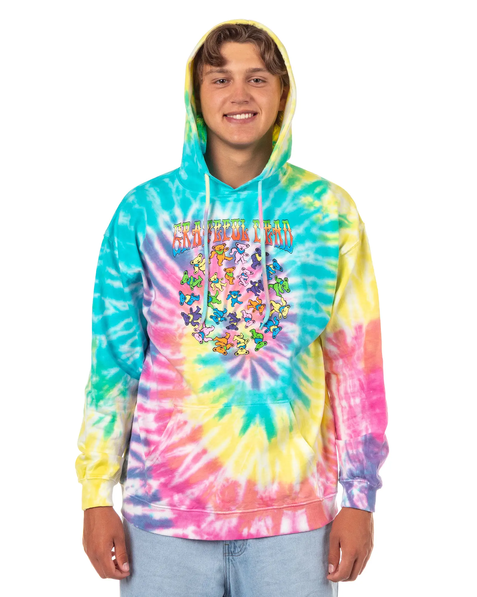 Men's Grateful Dead Graphic Hooded Pullover Sweatshirt - Casual Soft Cotton Fabric, Breathable, Ribbed, Rainbow Spiral Tie Dye, Dancing Bears Logos, Kangaroo Pocket