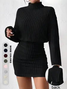 Women's High Neck Dress Autumn Winter, Knitted Sweater Fabric, Pure Color French Elegance, Slim Fit Comfortable, Multiple Colors Sizes Available
