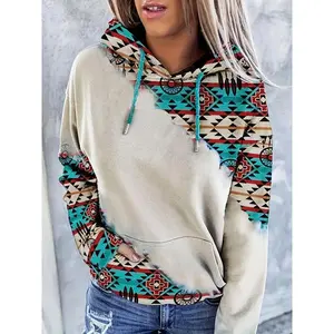 Aztec Geo Print Drawstring Hoodie, Vintage Long Sleeve Kangaroo Pockets For Spring & Fall, Women's Clothing Can be used with a raincoat
