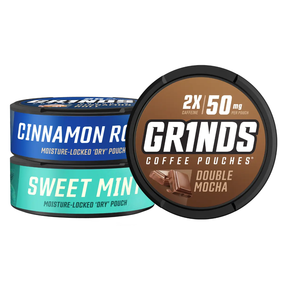 Grinds Coffee Pouches - 3pack variety with Double Mocha, Sweet Mint and Cinnamon Roll Chocolate Beverage