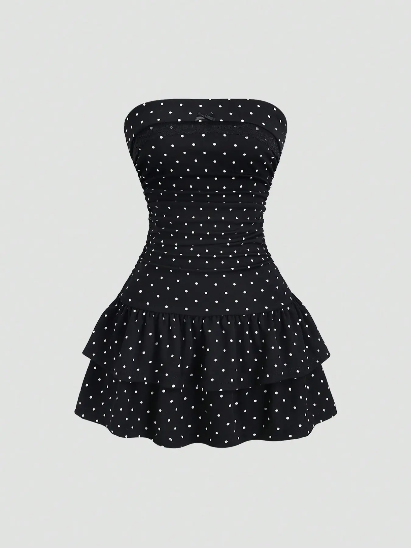 Y2K Vintage Strapless Polka Dot Party Mini Dress, Waist Cinching Tube Dress, Cute Multi-Layer Ruffle Hem, Casual Womenswear for Date