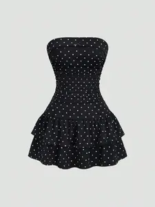 Y2K Style Strapless Mini Dress, Polka Dot Party Skirt, Waist Cinching Tube Top, Cute Multi-Layer Ruffle Hem, Casual Date Night Womenswear Vintage Vibe