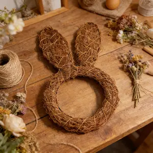 Large simulated rattan bunny garland, 18-inch retro style, handmade, suitable for Easter decoration, family holiday decoration, wedding decoration, Valentine's Day gift, DIY garland