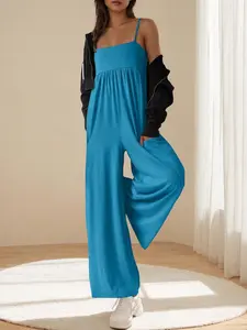Spring Summer Women's Casual Strapless Sleeveless Square Neck Loose Wide Leg Romper, Womenswear Comfortable and Stylish Chic One-Piece for Daily Wear