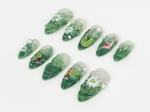Nature Koi Fish Press On Nails | Realistic Pond & Fish Nail Design | Natural Landscape Nail Art | Custom Hand-Painted Green Nails | JB669HC