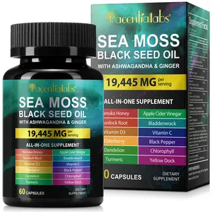 Acentialabs Sea Moss Black Seed Oil Ashwagandha Ginger, Sea Moss Capsule Supplement with Turmeric Burdock Root Bladderwrack Vitamin C Vitamin D3 Enhanced Immunity & Energy Black Seed Oil Capsule 60 Count