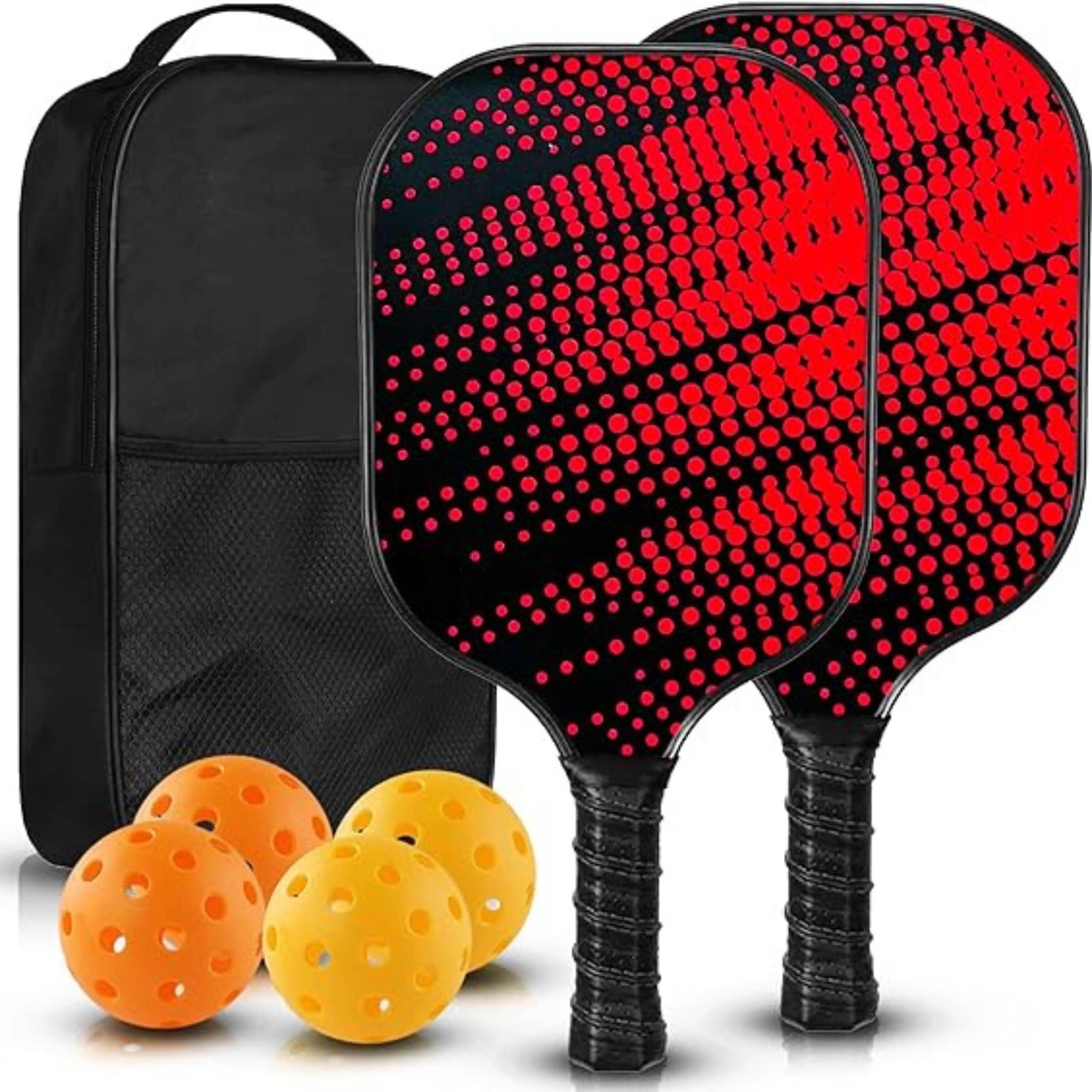 Pickleball Paddles Set of 2 - Best Durable Light Weight Fiberglass Paddle Rackets, 4 Pickle Balls and a Carry Bag for Pickleball Paddles Set