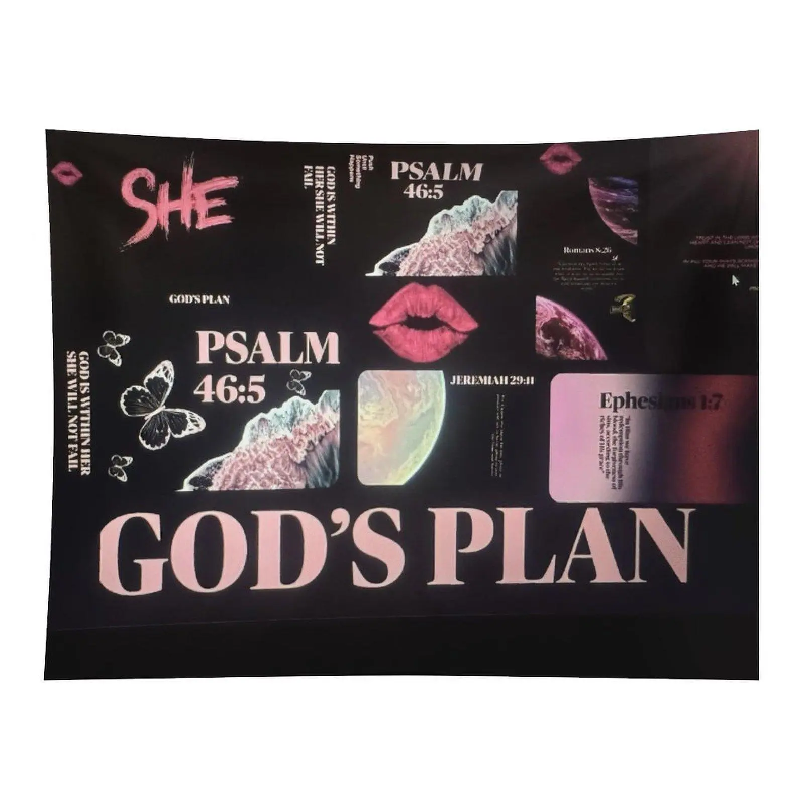 God’s Plan Inspirational Bible Verse Collage Wall Tapestry Pink Black Aesthetic Religious Faith Quote Wall Hanging for Girls Bedroom Dorm
