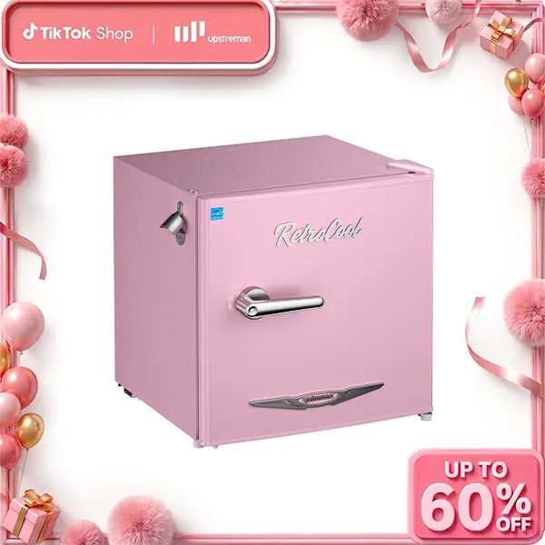 Upstreman FR17 Pro 1.7 Cu.Ft Retro Portable Mini Fridge - Pink, Classic Metal Handle, Side Bottle Opener, Adjustable Thermostat, Energy-Saving Compact Personal Fridge for Office, Dorm, Portable Fridge