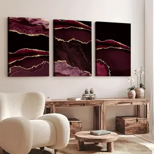 3 Pieces of Exquisite Wooden Frame Canvas Wrapped Paintings, Burgundy Red and Gold Agate Texture, Minimalist Light Luxury Style, Vibrant Home Wall Decoration