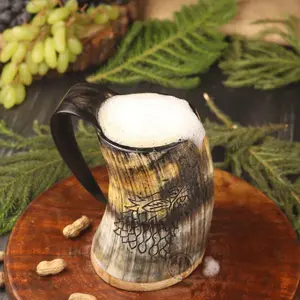 Viking Drinking Horn Mug Set 20oz Handcrafted Ox Horn Mug Shot Glass & Bottle Opener Unique Medieval Style Gift for Men Women Food Grade Quality Fenrir