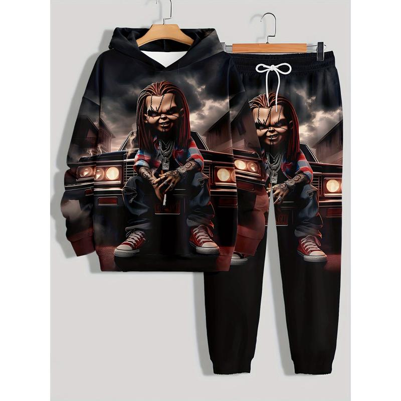 Men's 2-Piece Car-Themed Menswear Set, Halloween Spooky Season Casual Outfit, Printed Hoodie & Slightly Elastic Pants Athletic Activewear Clothes