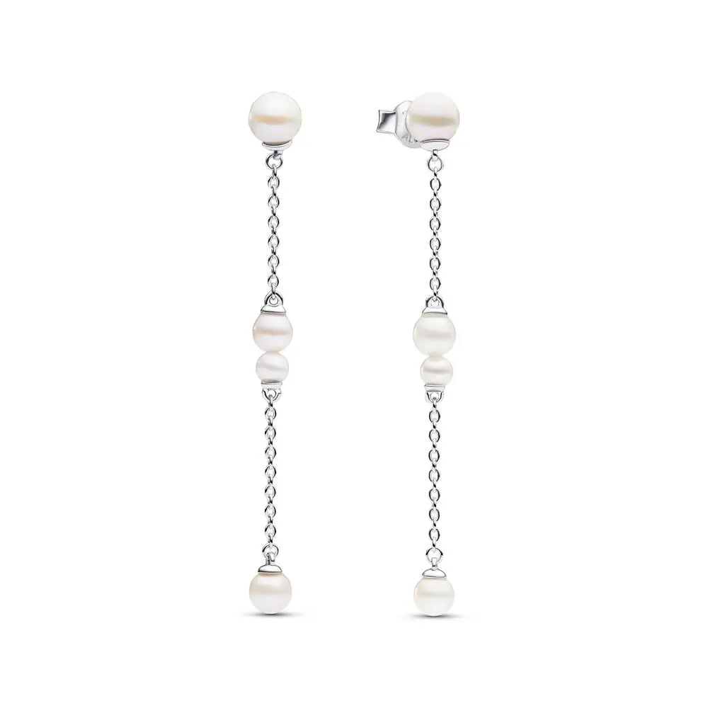 PANDORA Sterling Silver & Treated Freshwater Pearl Drop Earrings, Unique Cascade Design with Chain Motif for Adults, Treated Pearls, Beauty Love And Wisdom