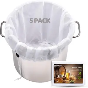 5 Pack Brew Bags ,  26"x22" Fine Mesh Strainer Bag for  Brewing Hops Grains   Making Drawstring Straining Brew in a Bag