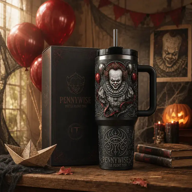IT Pennywise 40th Anniversary 1986–2026 40oz Tumbler, Premium Stainless Steel Insulated Travel Cup With Handle and Straw, Terrifying Dancing Clown Horror Theme Collector Mug, Leakproof Halloween Gift for Horror Movie Fans