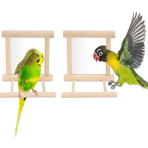 Bird Mirror Bird Toy Suitable for budgies, lovebirds, cockatiels, etc. (2-piece set - wood color)