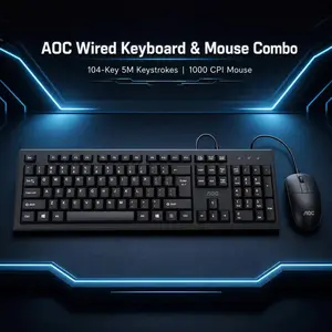 AOC Wired Keyboard Mouse Kit in Black, Standard USB Connection, Carbon Film Keyboard with Durable Carbon Paste Conductive Film, Compact Lightweight Mouse, Wide Compatibility for Desktop, Laptop, Ideal for Office Workers, Students and Family Users