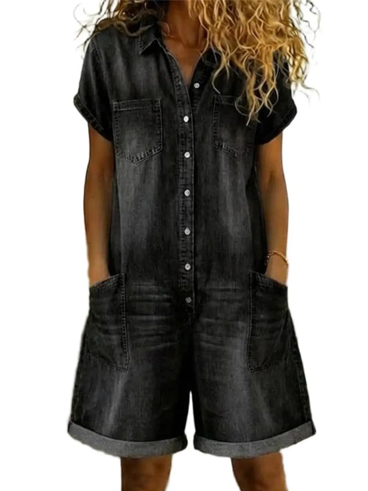 Womens Denim Romper Short Sleeve Collar Button Vintage Wash Utility Wide Leg Casual Streetwear Womens Denim Romper Short Sleeve Collar Button Vintage Wash Utility Wide Leg Casual Streetwear
