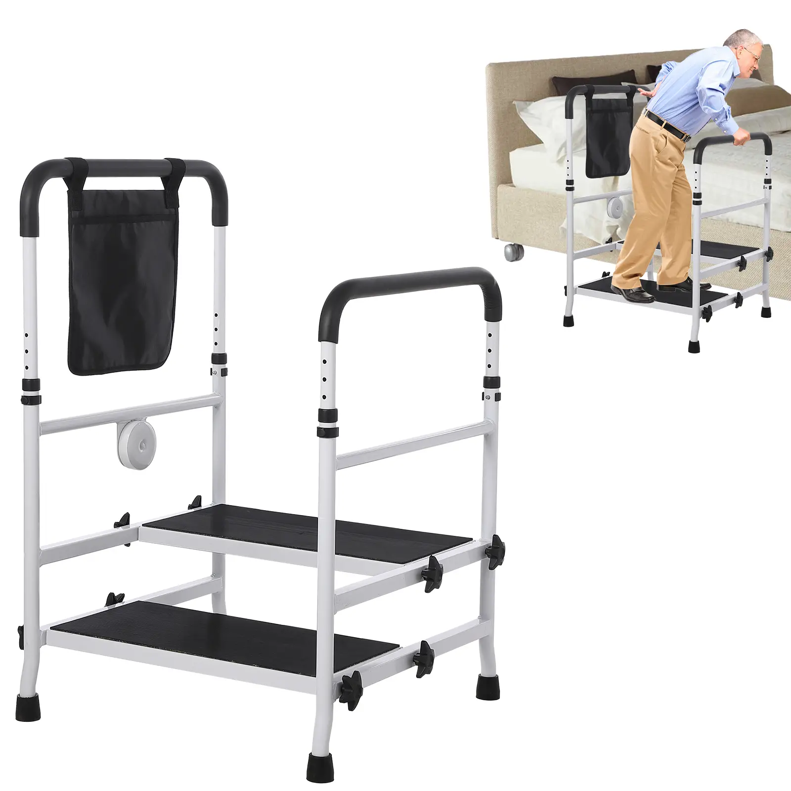 Adjustable Bed Step Stool and Safety Rail with LED Light, Handicap Grab Bars, and Fall Prevention, Supports Up to 450 Lbs for Elderly Bedside and Bathtub Use