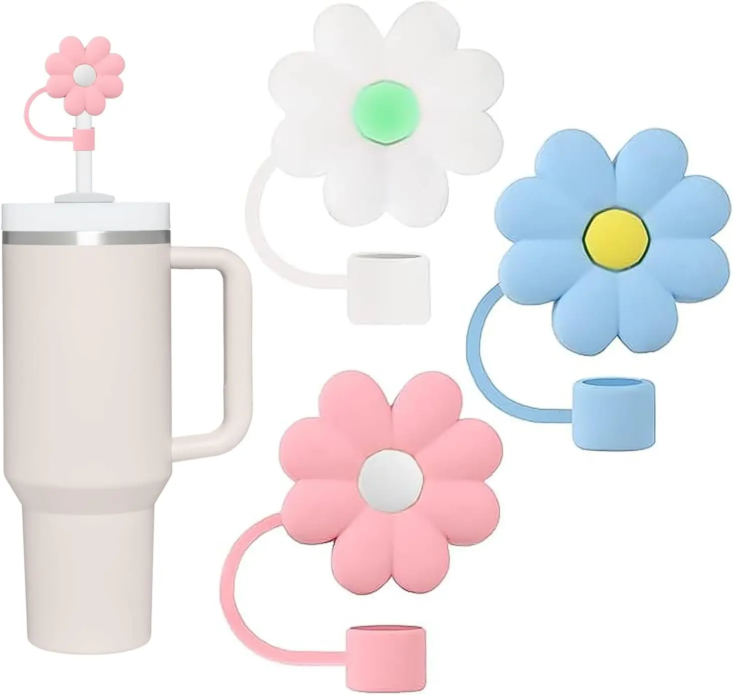 3PCS Flower Straw Covers for Stanley Tumbler, Silicone Straw Cover for 40 oz, 30 oz, Cap for Straw Accessories, Straw Cap (Flower)