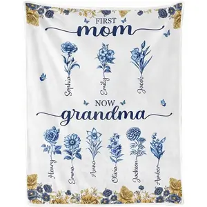 Personalized Multi-Size Flannel Craft Blanket for Everyday Use - Custom Nickname, Kids’ Names and Birth Month Flower Printed, Motherhood Gift for Mom/Grandma from Daughter/Son, Mother's Day Gift