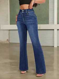 Women's Blue stretchy denim jeans, Elastic High-Waisted Skinny Jeans, Button, trending jeans 2025,Wide Leg Casual Fashion Pants, Slim-Fitting Long Regular Fit, All Seasons Wear