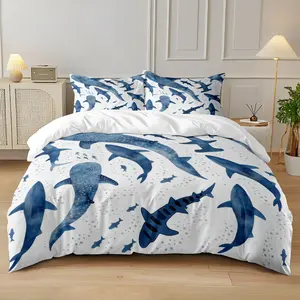 3-piece set (1 quilt cover +2 pillowcases, coreless) Marine animal shark element printed quilt cover set, soft and comfortable, suitable for bedrooms, hotels, and dormitories Decorative Bedding Set Soft Bedding Sets