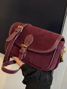 Burgundy suede textured small, retro metal buckle classic flap shoulder bag, fashionable and simple underarm small shoulder bag, versatile and can hold mobile phones, suitable for office workers commuting, shopping, etc.