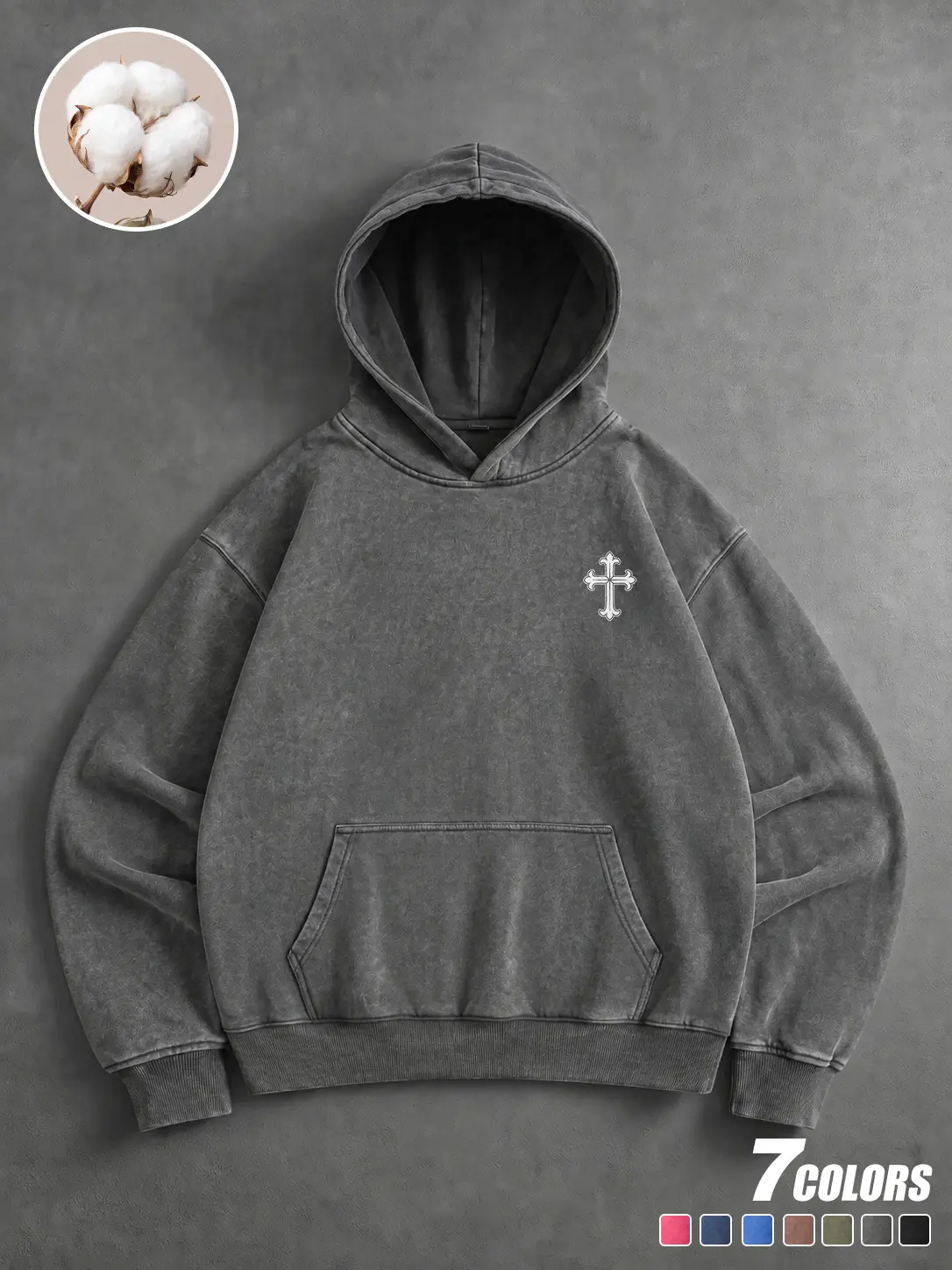 Men Vintage Washed Hooded Sweatshirt with Small Ornate Cross Graphic, Premium Heavyweight Cotton, Classic Ribbed Cuffs and Hem, Trendy Casual Outerwear