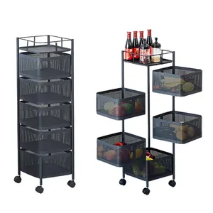 【GARVEE】5-Tier Kitchen Storage Cart, Fruit and Vegetable Basket Rotating Storage Rack, Rolling Snack Cart, Metal Rolling Carts with Wheels for Fruit, Potato,Vegetable, Snack, Black