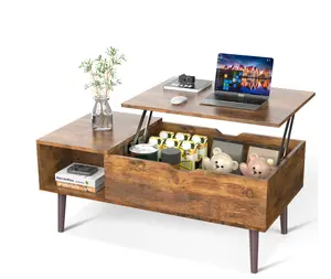 Adjustable Height Wooden Coffee Table with Hidden Compartments and Shelves - Perfect for Small Homes, Apartments, Reception Rooms, Rust Brown