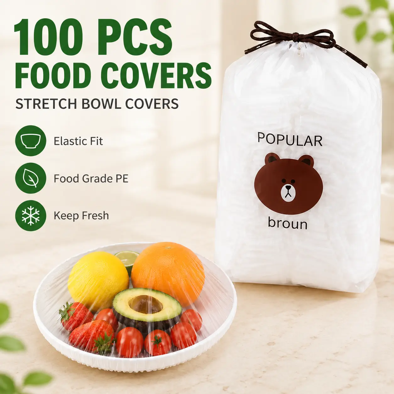100 PCS Elastic Disposable Food Covers Set - Food-Grade PE Stretch Lids Utensils for Bowls, Plates, Leftovers, Fruit Preservation - Reusable Plastic Wrap Alternative for Kitchen Refrigerator Containers, Daily Use