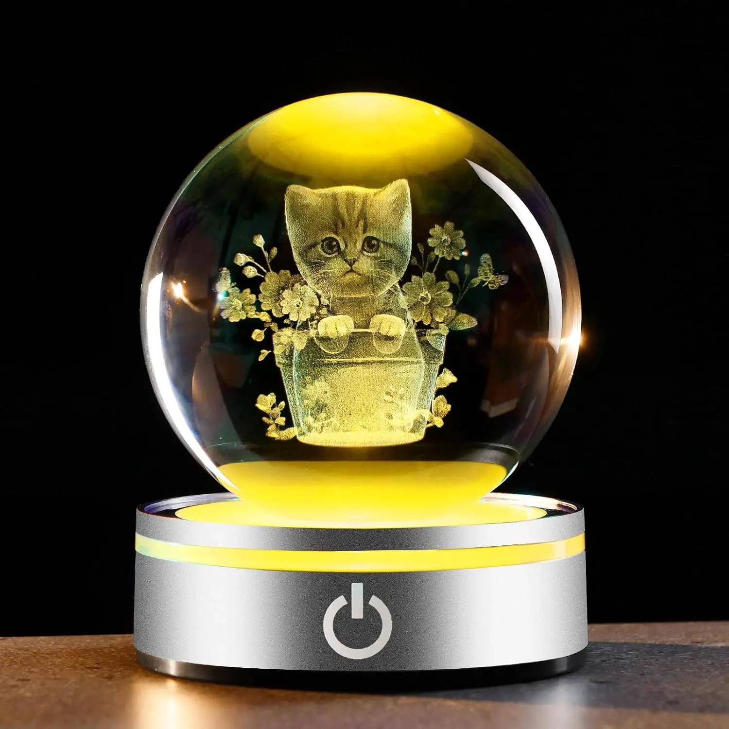 3.15in Engraved Cat, Butterfly & Carnation 3D Crystal Ball with LED Light Base - Women's Gift for Cat-Loving Women, Home Decor Figurine (Home Supplies) w/ Charging Cable for Boyfriend, Brother, Daughter, Husband