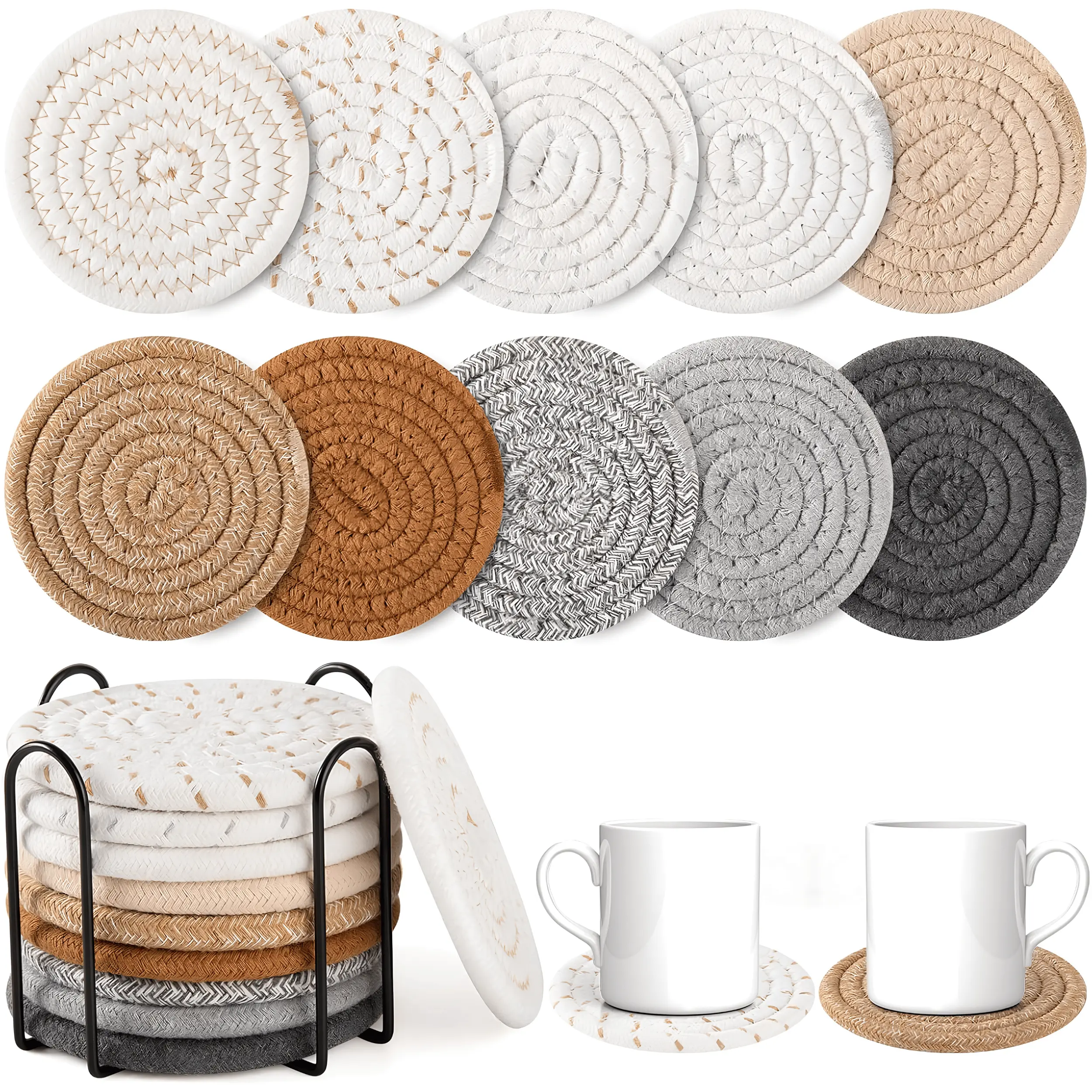10 Pack Cotton Woven Drink Coasters with Holder, 4.3 Inch Absorbent Beverage Coaster Set for Coffee Mugs, Cups, Glasses & Tumblers, Heat Resistant Table Protectors for Home, Office, Kitchen, Dining Room, Bar & Housewarming Gifts