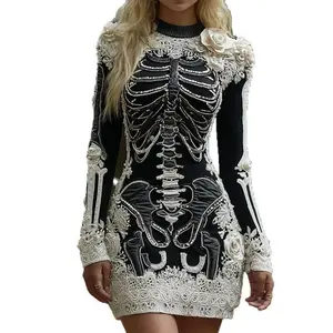 202.5 million Halloween costumes, new street style skeleton 3D digital printed tight fitting dress