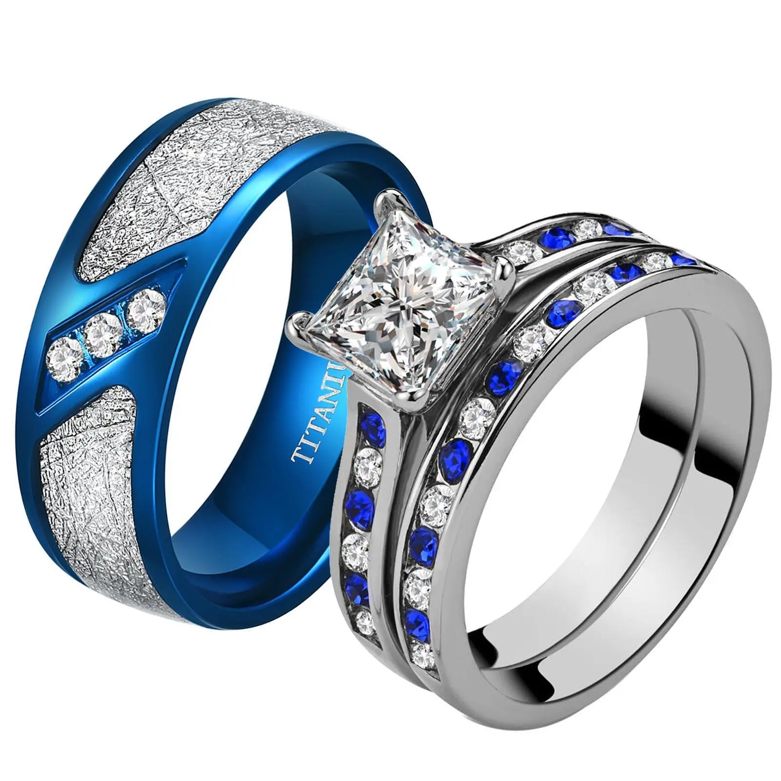 Ringcrown 2-Piece Nickel-Free Couple Rings Set, 1ct AAA CZ Wedding Bands for Him and Her, 8x8mm White & Blue Blue Titanium Steel Bridal Ring Set, Two Piece Set