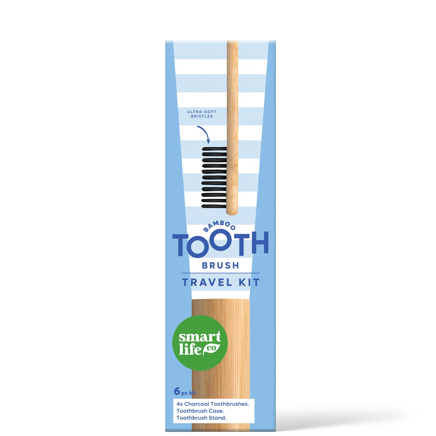 Charcoal-Infused Bamboo Toothbrush Travel Kit – Vegan & Eco-Friendly, Ultra-Soft Bristles, Wooden Travel Case & Stand, Sustainable Oral Care, 6pc