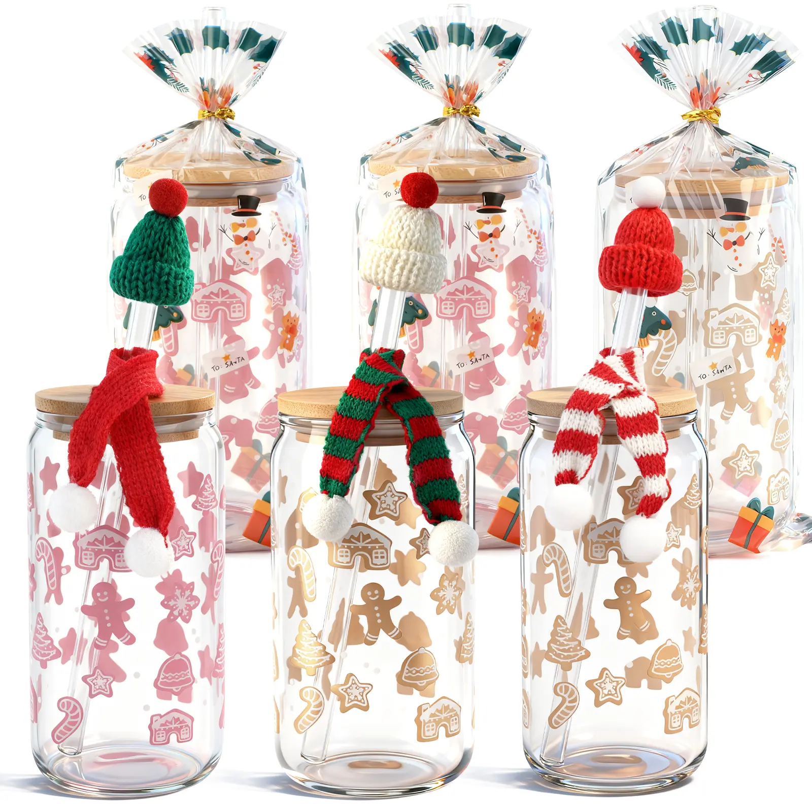 Gifts 6-Pack Christmas Glass Cup Gift Set with Lids, Straws & Knit Accessories – Gingerbread Holiday Drinking Glasses with Bamboo Lids, Scarves & Hats, Perfect Christmas Gifts for Friends, Family & Coworkers