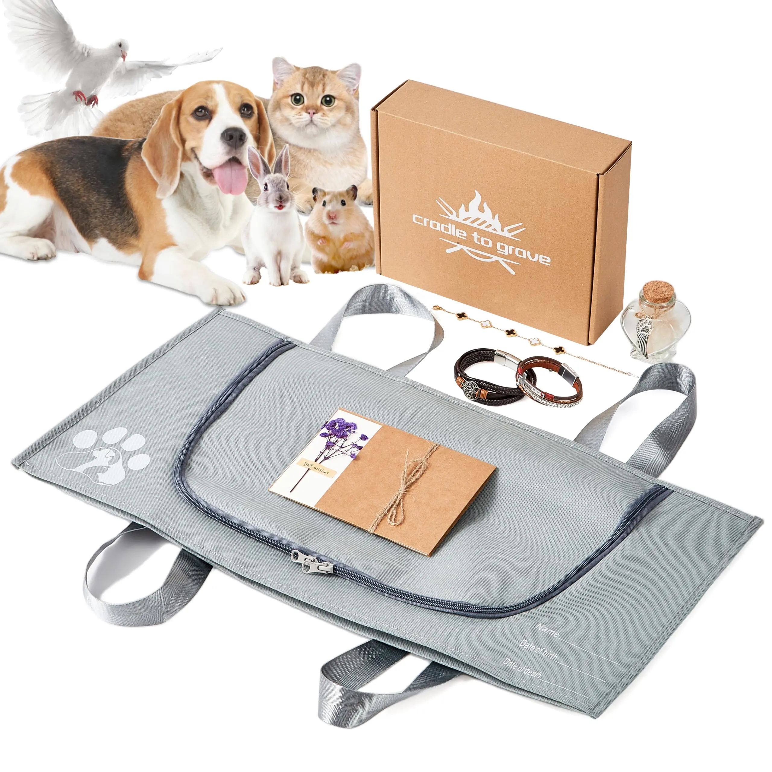 Leakproof Biodegradable Pet Burial Bag Full Set, Eco-Friendly Non-Woven Transport Safe Body Bag for Small Dogs/Cats, Portable Funeral Casket with Memorial Card & Keepsake Bracelet, Gray Small Size