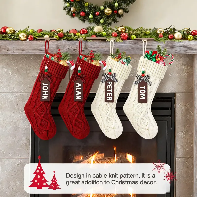 Classic 4-Pack (4pcs) Large 18" Cable Knit Christmas Stockings with Name Tags, Red & White Hanging Stockings, Festive Gift for Family, Fireplace Mantel Home Decor