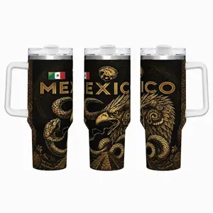 40oz Stylish Mexican Heritage Pride Insulated Tumbler - Stainless Steel Travel Mug with Handle, Leak-Proof Lid, Double Wall, Black Gold Eagle Snake Pyramid Aztec Calendar Flag Design, Hot & Cold Drink Cup